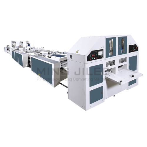 Fully Automatic High Speed T-Shirt Bag & Bottom Sealing with core Bags-On-Roll Making Machine with Hot Slitting and Side Gusseting Devicet