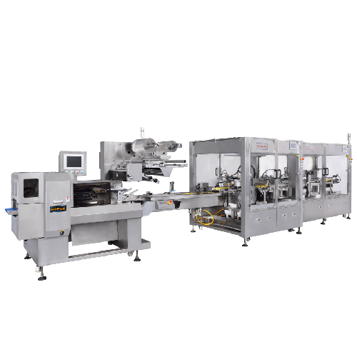 Group packaging line with vision detection ,robotic disc arm and distributary station