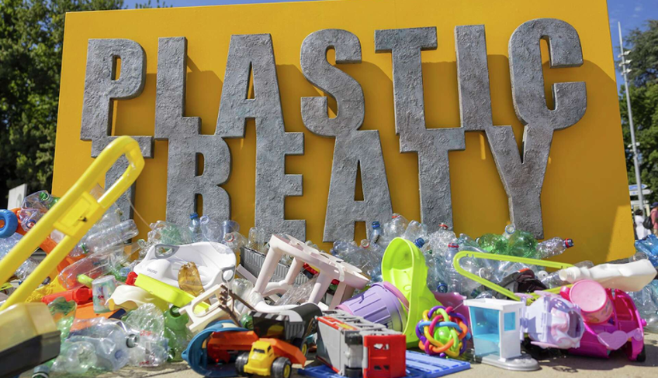 Plastic items are seen on Place des Nations in front of the European headquarters of the United Nations in Geneva, Switzerland, Monday, Aug. 4, 2025 before the second segment of the fifth session of the Intergovernmental Negotiating Committee on Plastic Pollution (INC-5.2). (Salvatore Di Nolfi/Keystone via AP)